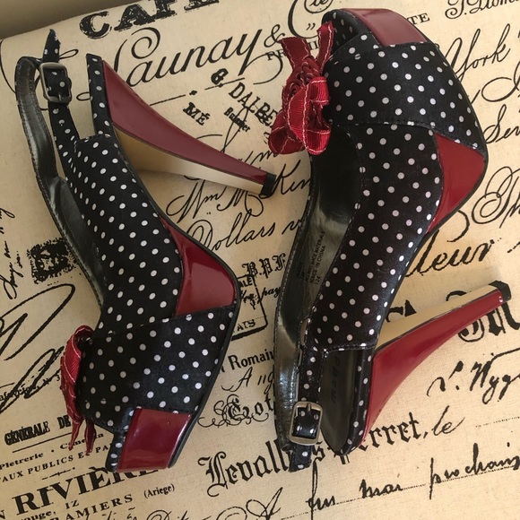 Madden Girl Shoes - Shoes; NIB; Madden Girl; Pin-Up Heels; Black w/White Polka Dots; Red Accents; 7